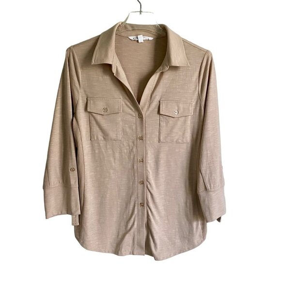 Kiss and Fly Button Down Shirt Roll Tab Sleeves Beige Women's Size Medium - Picture 5 of 9